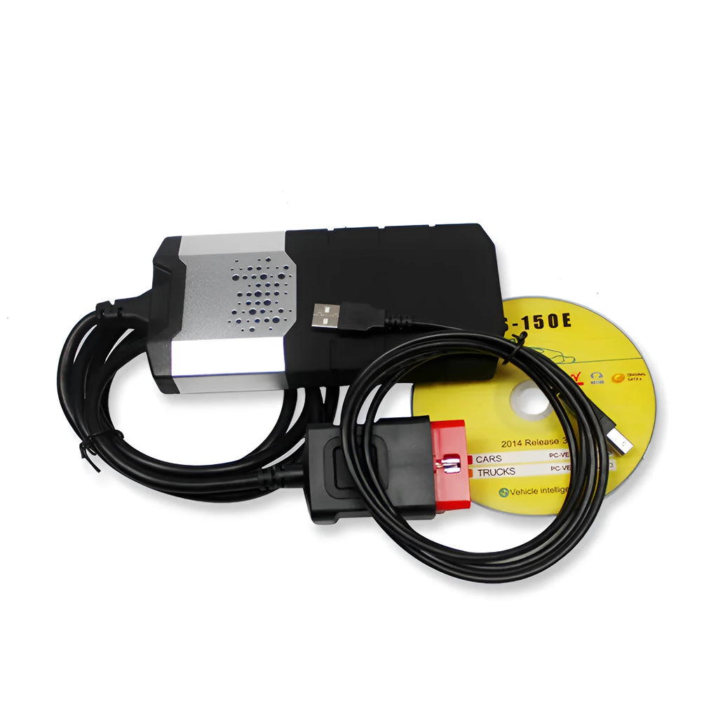 DS150e TCS CDP 2015 R1 diagnostic interface with eight colour-coded connection cables and power cable