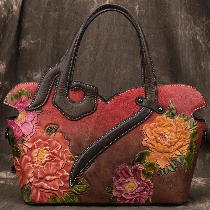 Women's handbag made from first layer cowhide leather with flower pattern, zipper closure, in green colour