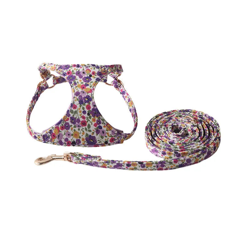 Floral pet harness suit with matching chest back piece and leash in multiple colour options