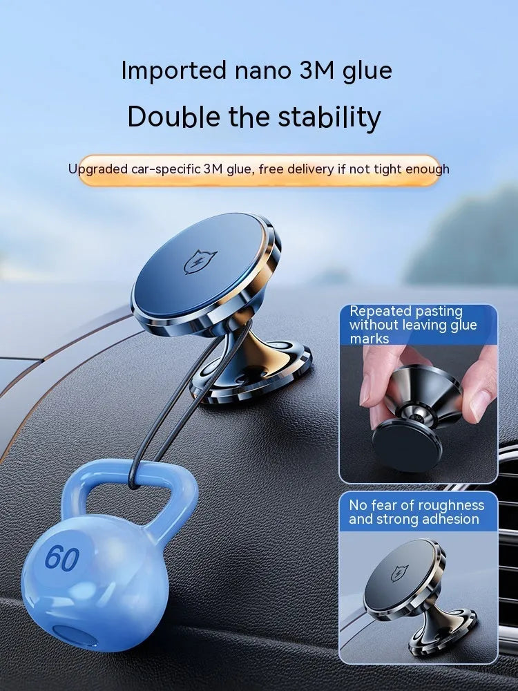 Shiny black alloy magnetic car phone holder with adhesive dashboard mount.