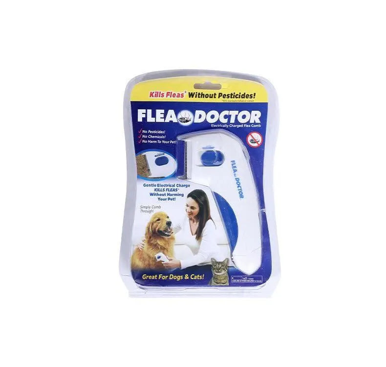 White electric pet lice remover comb with replaceable battery and cutter head, 17.5x9cm
