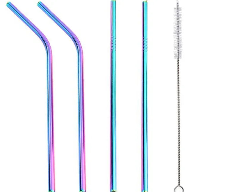 Set of four colourful reusable stainless steel straws in straight and bent styles with a cleaning brush.