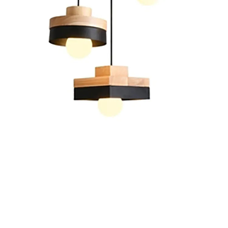 Japanese style solid wood chandelier with zinc alloy fittings, shown in round and square matte black and white finishes.
