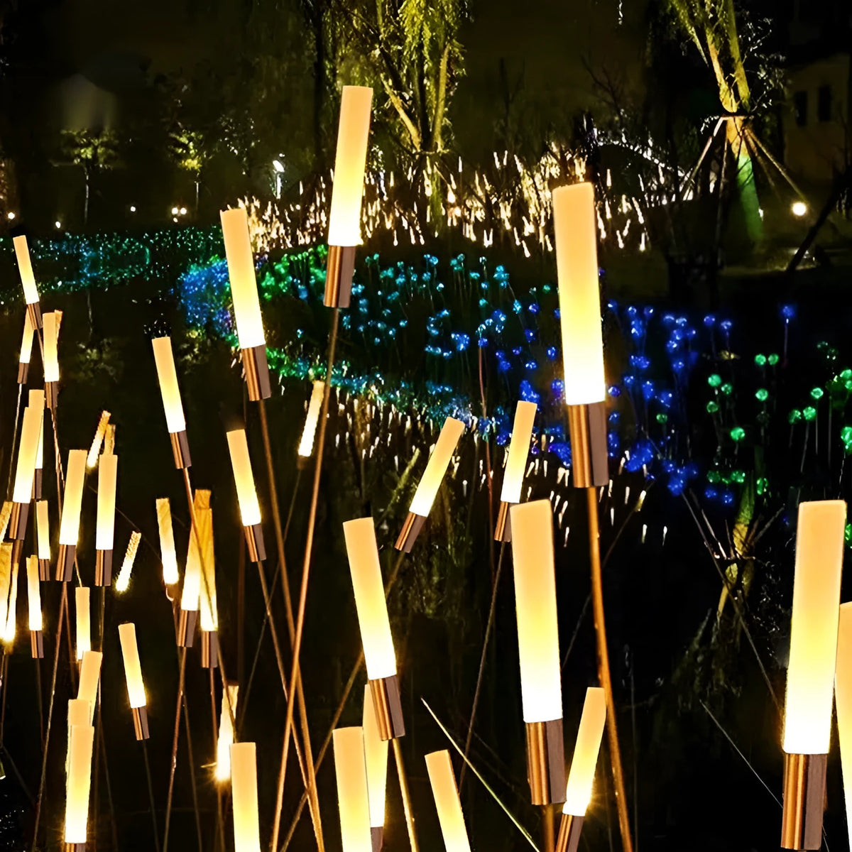 Solar outdoor LED plug lawn lamp with stainless steel wheat design in a garden setting, 1100mm height option