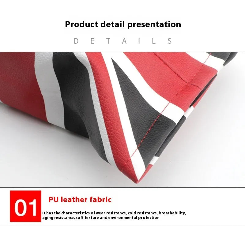Mini car tissue box with British Union Flag design in leather, 18cm long 27cm wide