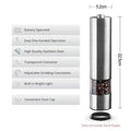 Electric stainless steel pepper mill in natural colour, 22.5 cm tall.