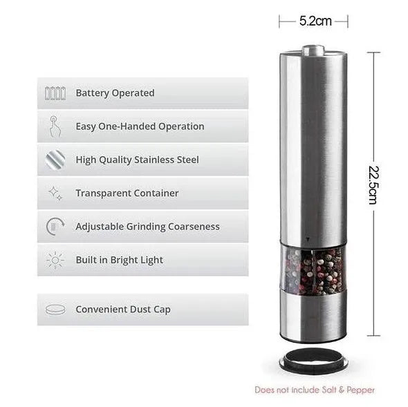 Electric stainless steel pepper mill in natural colour, 22.5 cm tall.