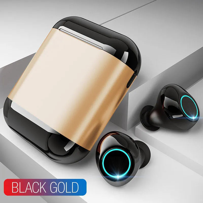Black wireless Bluetooth TWS earbuds with charging case showing true wireless design