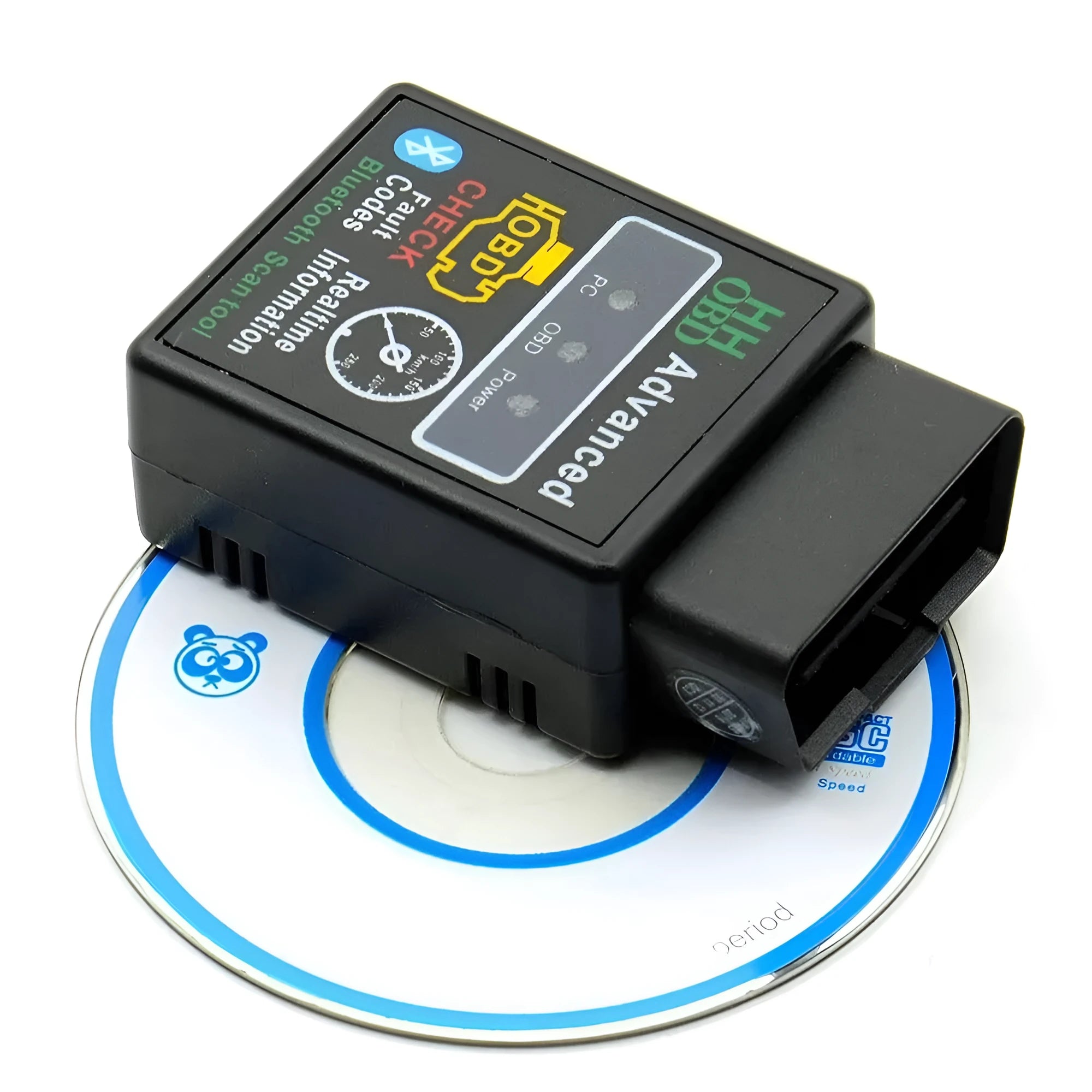 V1.5 Bluetooth OBD2 ELM327 car diagnostic scanner in black plastic housing