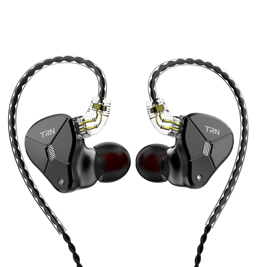 Black in-ear wired headset with 3.5mm plug, TPE cable, and silicone ear sleeves on a white background.