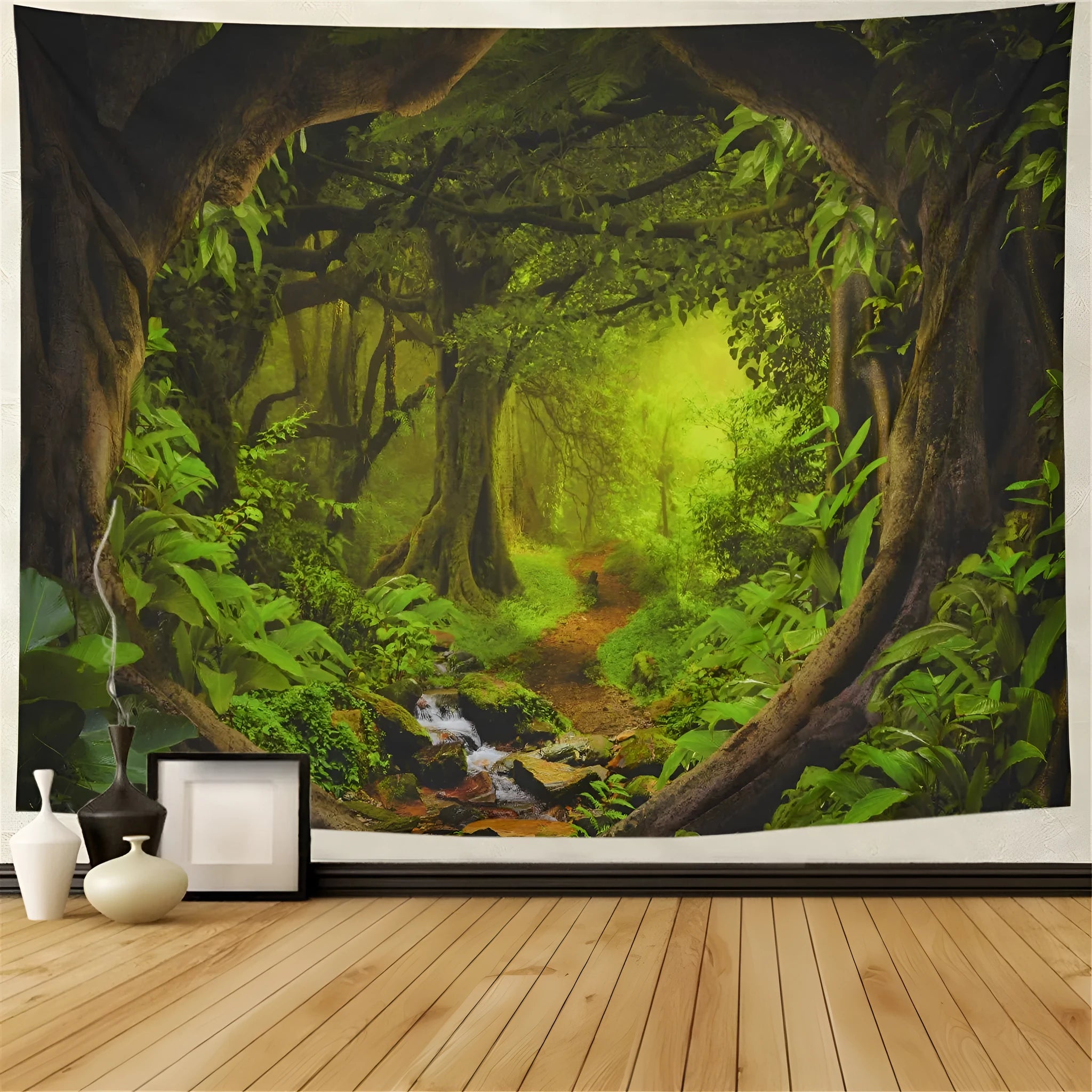 Large natural forest tapestry wall hanging with bohemian mandala print in 150x230cm size