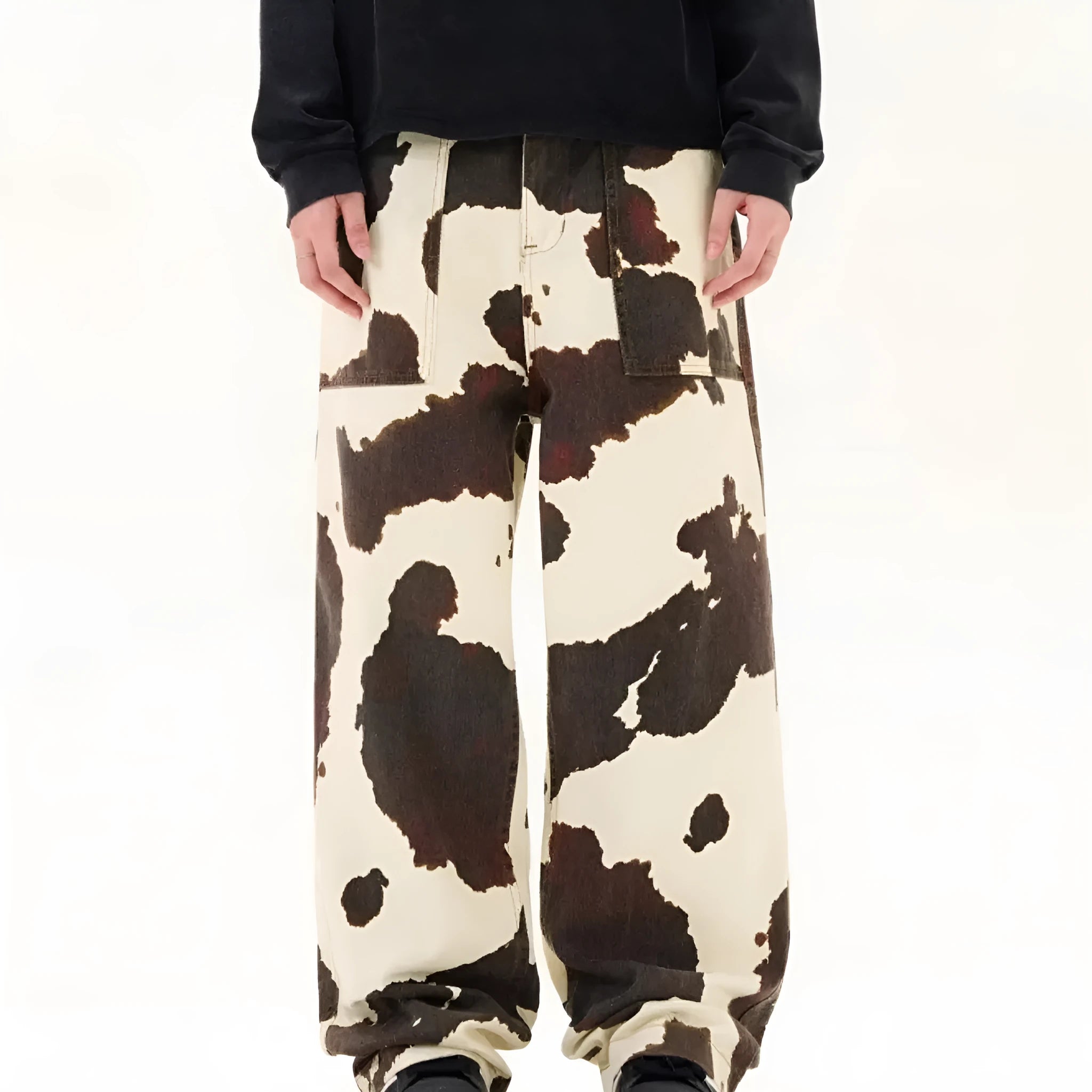 Men's American retro style trousers with cow pattern print in straight-leg cut and mid waist