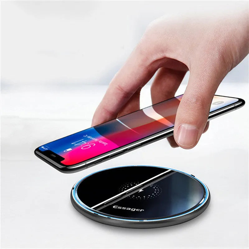 Black wireless charging pad with LED indicator for iPhone Samsung phones