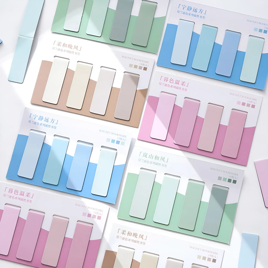 Set of four small magnetic bookmarks showing Morandi colour blocks in soft green, grey, pink, and blue tones.