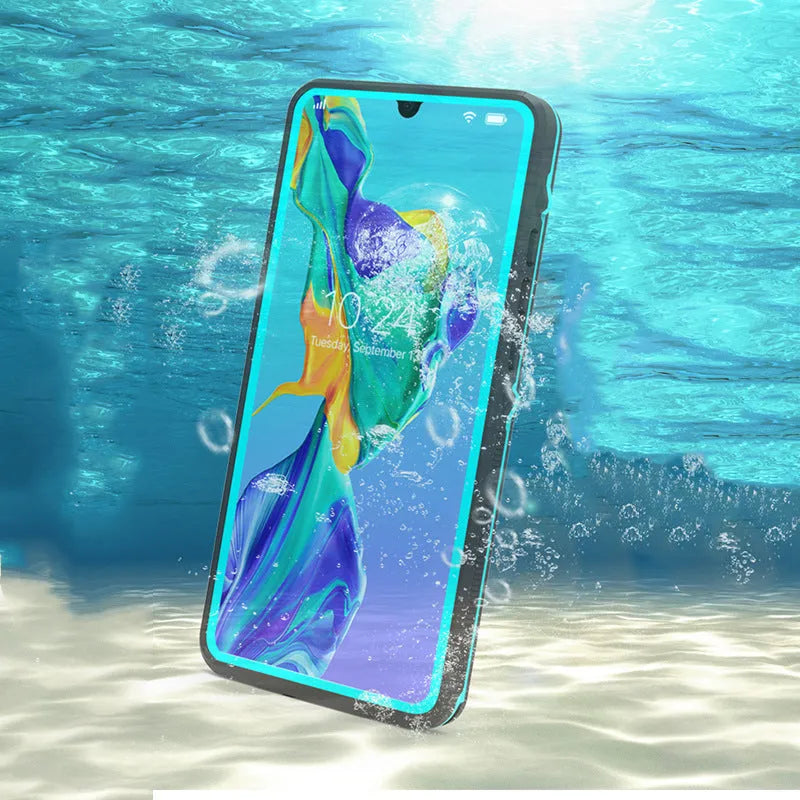 Huawei P30 series anti-drop phone case in black with wave point pattern, showing front and back views
