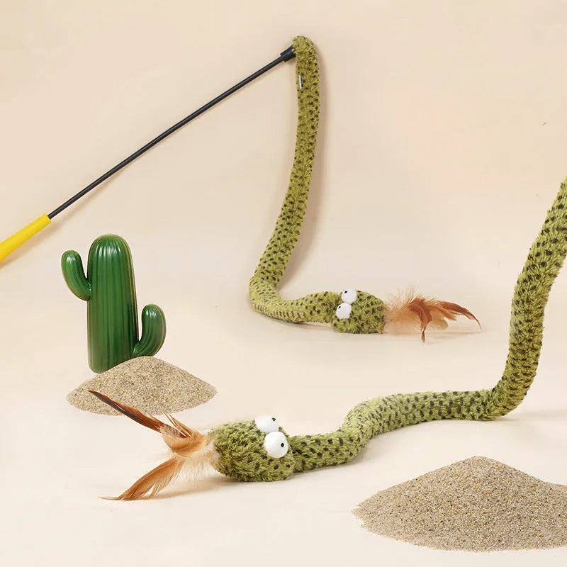 Green extendable cat teaser stick with feather attachment measuring 140cm long