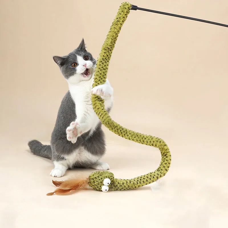 Green extendable cat teaser stick with feather attachment measuring 140cm long