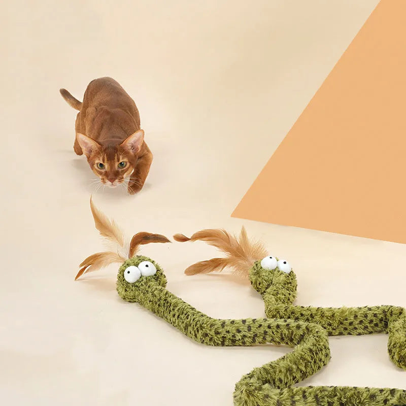 Green extendable cat teaser stick with feather attachment measuring 140cm long