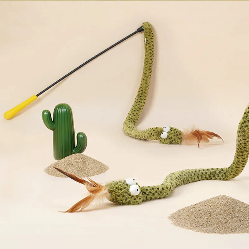 Green extendable cat teaser stick with feather attachment measuring 140cm long