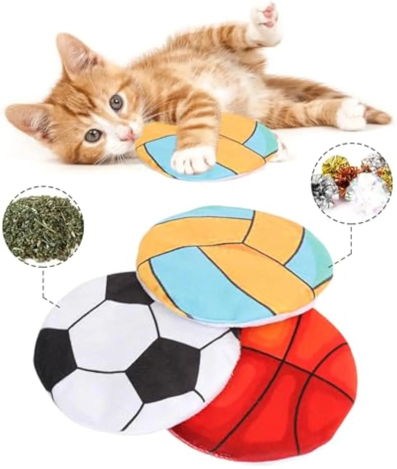 Catnip flying disc toy with sports ball pattern, plush exterior, and crinkle sounds for indoor cats