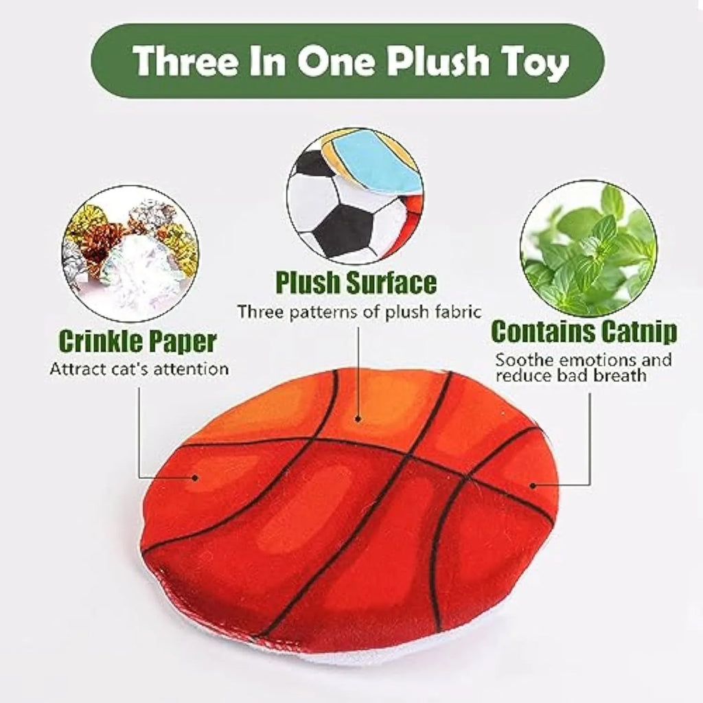 Catnip flying disc toy with sports ball pattern, plush exterior, and crinkle sounds for indoor cats