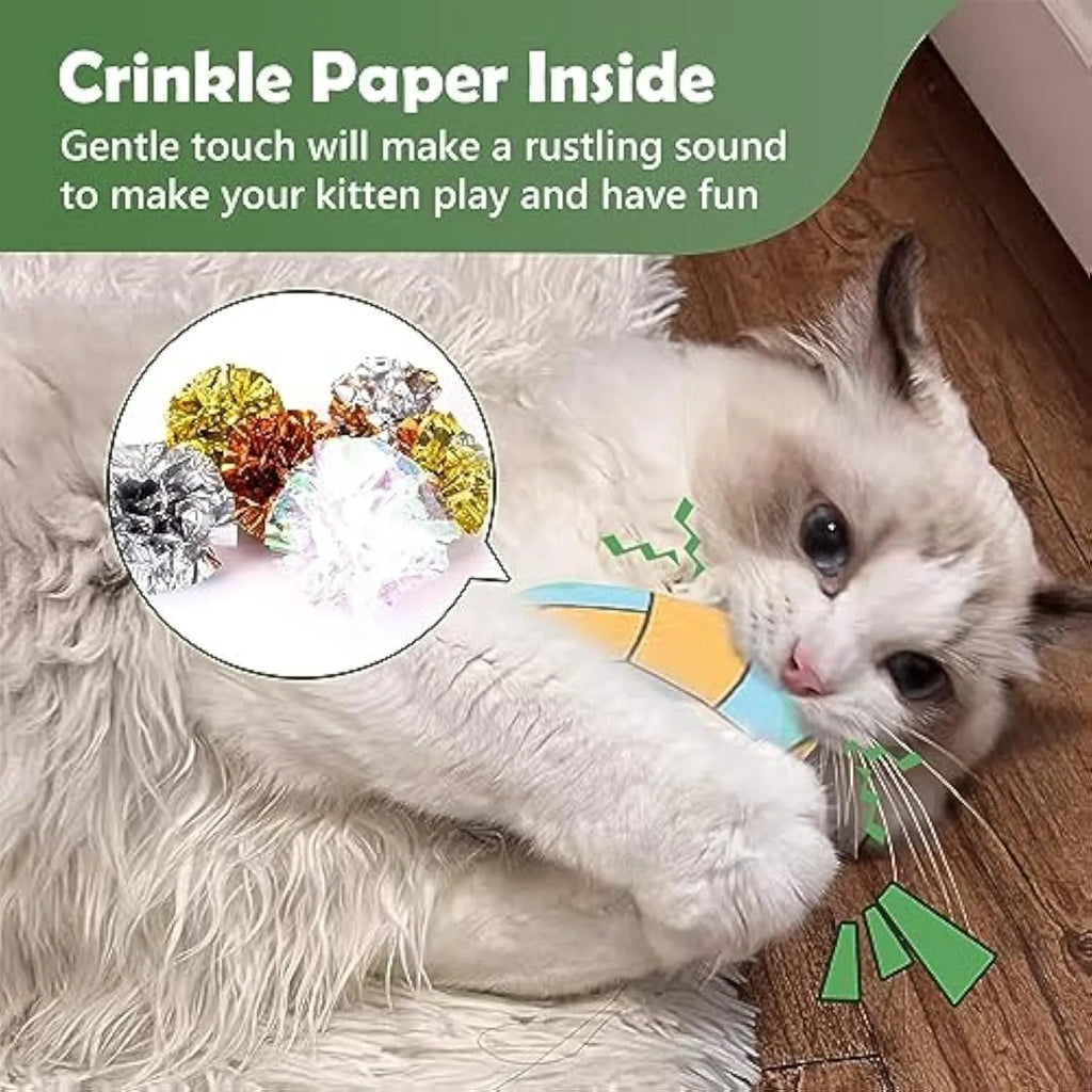 Catnip flying disc toy with sports ball pattern, plush exterior, and crinkle sounds for indoor cats