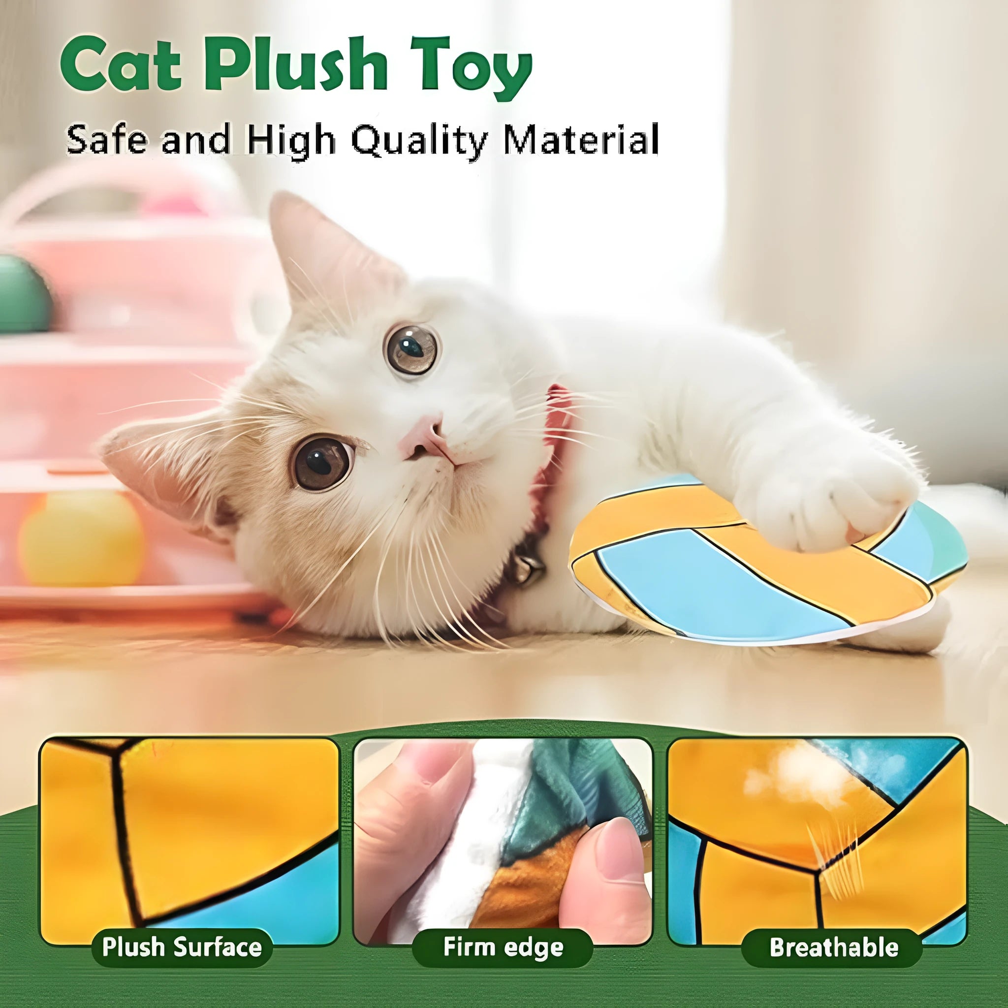 Catnip flying disc toy with sports ball pattern, plush exterior, and crinkle sounds for indoor cats
