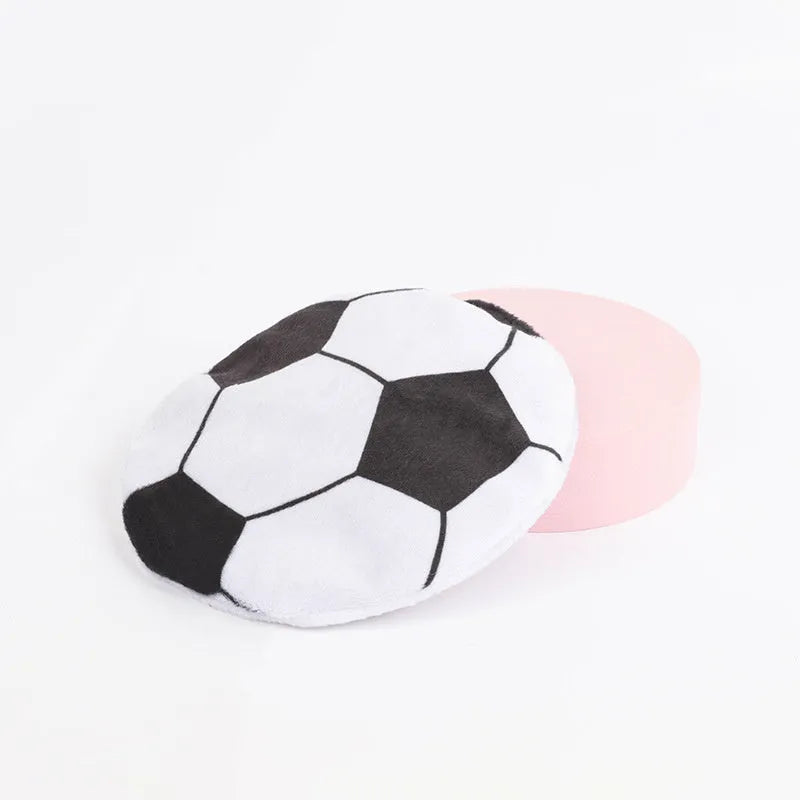 Catnip flying disc toy with sports ball pattern, plush exterior, and crinkle sounds for indoor cats