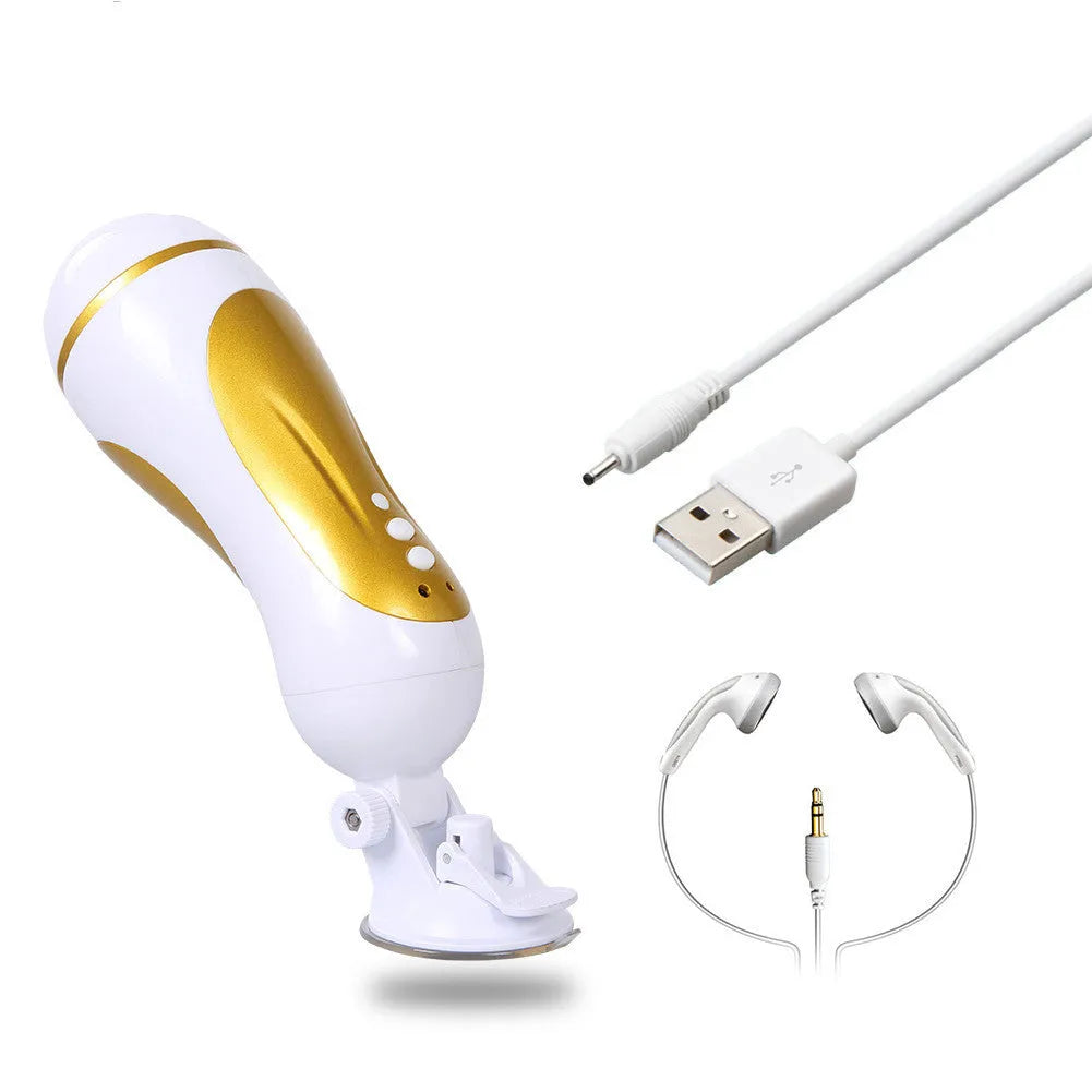 White electric sound masturbator cup for men, hands free silicone USB rechargeable male sex toy