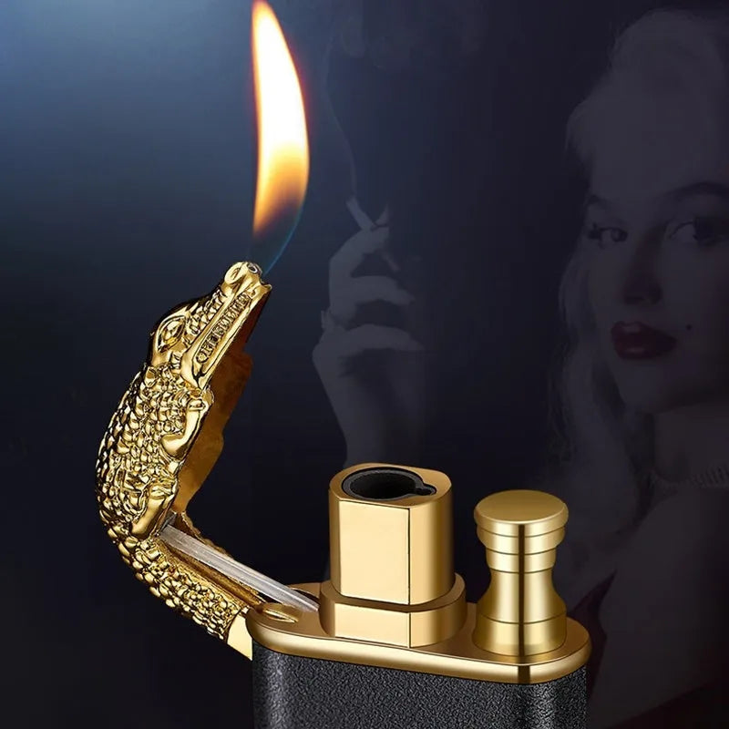 Metal windproof lighter with dragon sculpture and double blue flame
