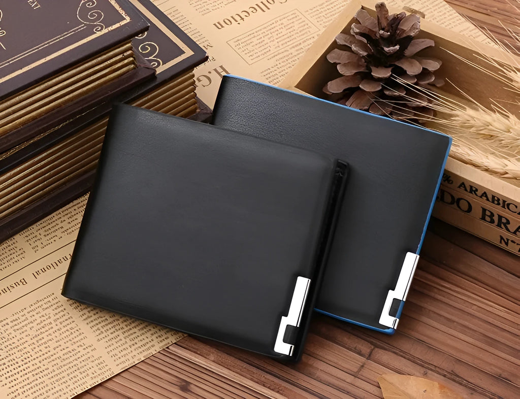 Mens black PU leather wallet with blue edge, open showing card slots and bill compartments