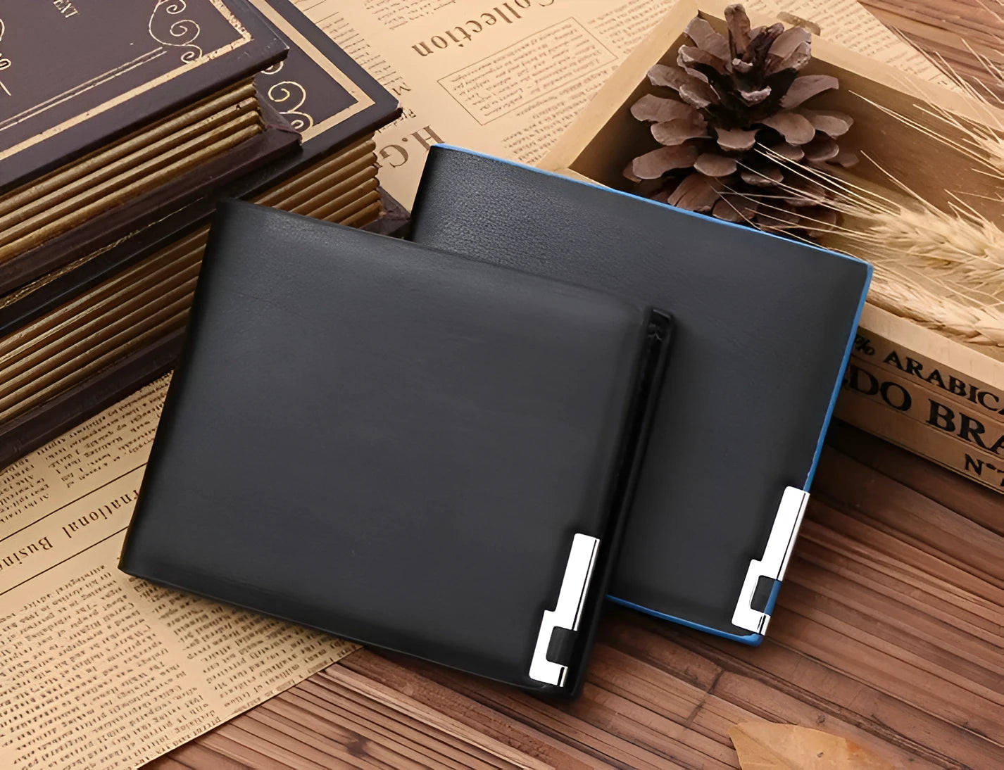 Mens black PU leather wallet with blue edge, open showing card slots and bill compartments