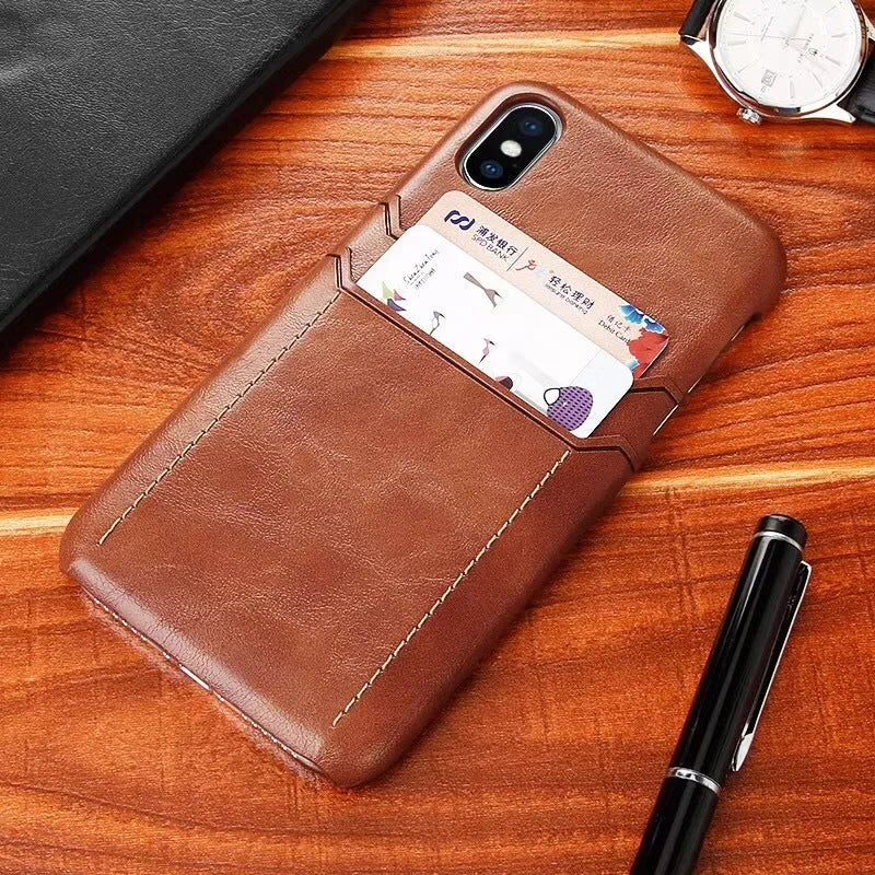PU leather iPhone back cover with card holster in Black, Dark wood and Light brown