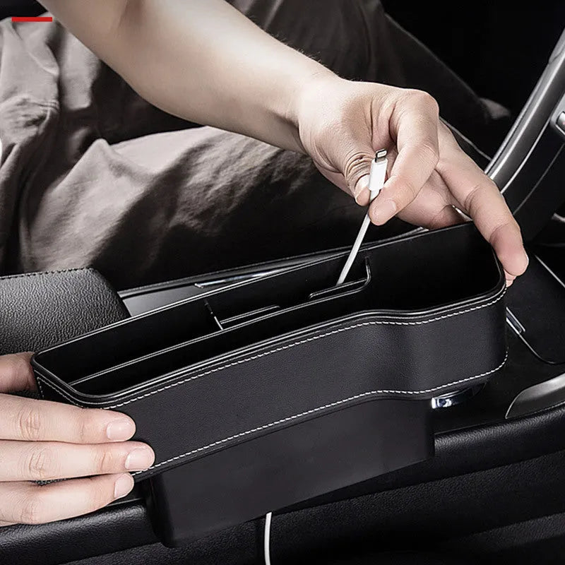 Black leather car seat gap storage box with cup holder and USB cable for car interior organisation