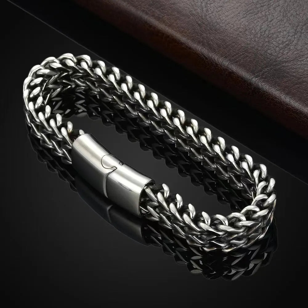 Silver titanium steel geometric hip hop bracelet showing front and back simple design