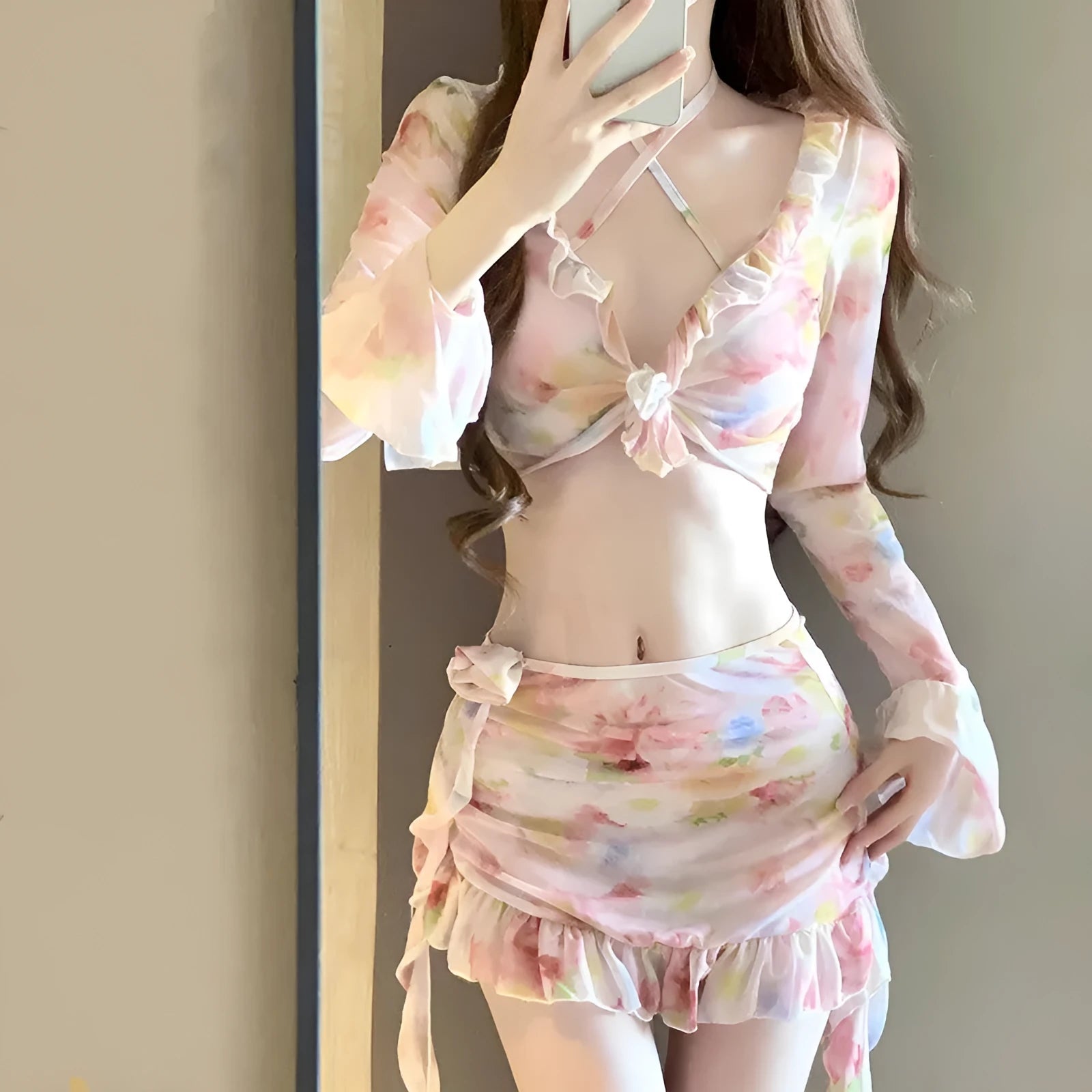 Women's floral bikini swimsuit set in cherry blossom pink colour with polyester fabric