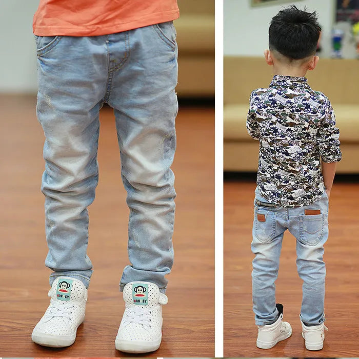 Boys striped harem trousers with elastic waistband in sanded denim fabric