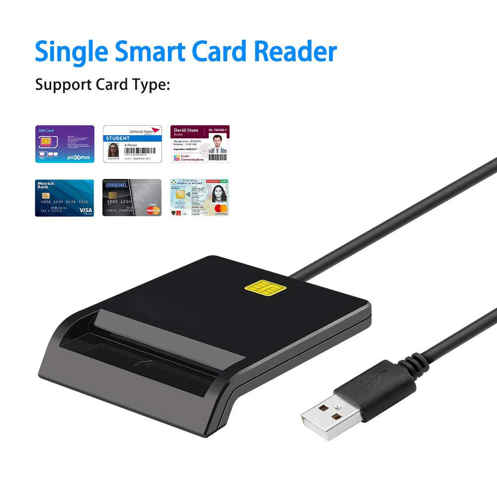 DM-HC65 USB Smart Card Reader in black ABS casing, front view with USB cable and card slot