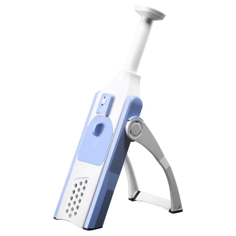 White and blue multifunctional vegetable slicer with stainless steel blades for slicing and dicing