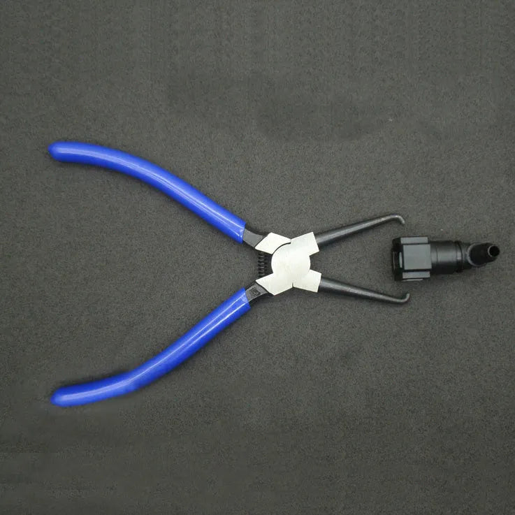 Iron caliper tubing pliers with rubber grips for automotive fuel line maintenance in two sizes