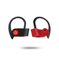 Black wireless Bluetooth earbuds with an ergonomic in-ear design and LED status indicator.