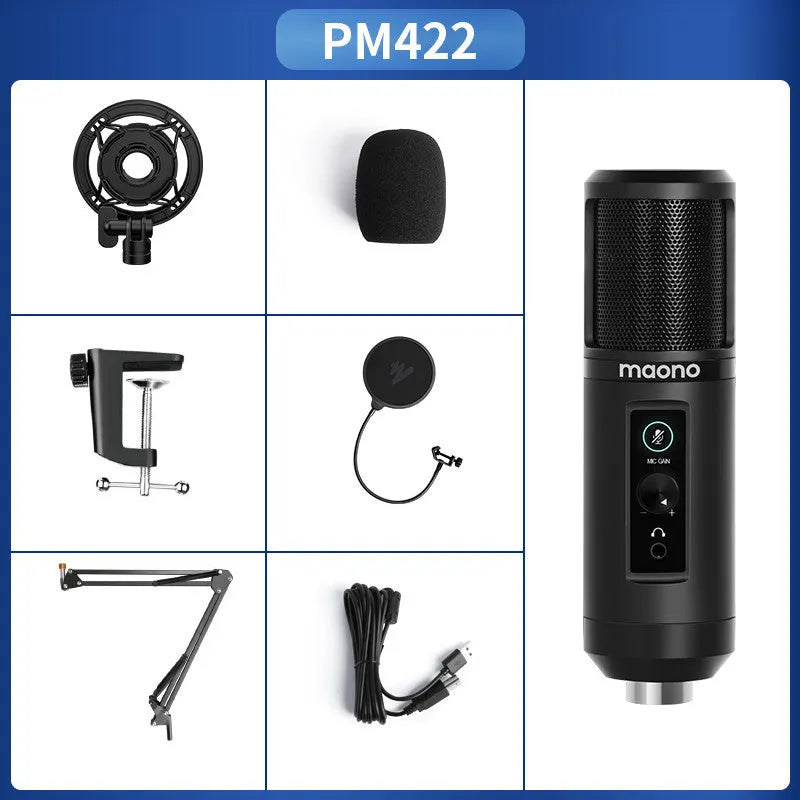 PM422 USB condenser cardioid microphone on a desk with shockproof frame and cantilever arm accessory set