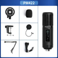 PM422 USB condenser cardioid microphone on a desk with shockproof frame and cantilever arm accessory set