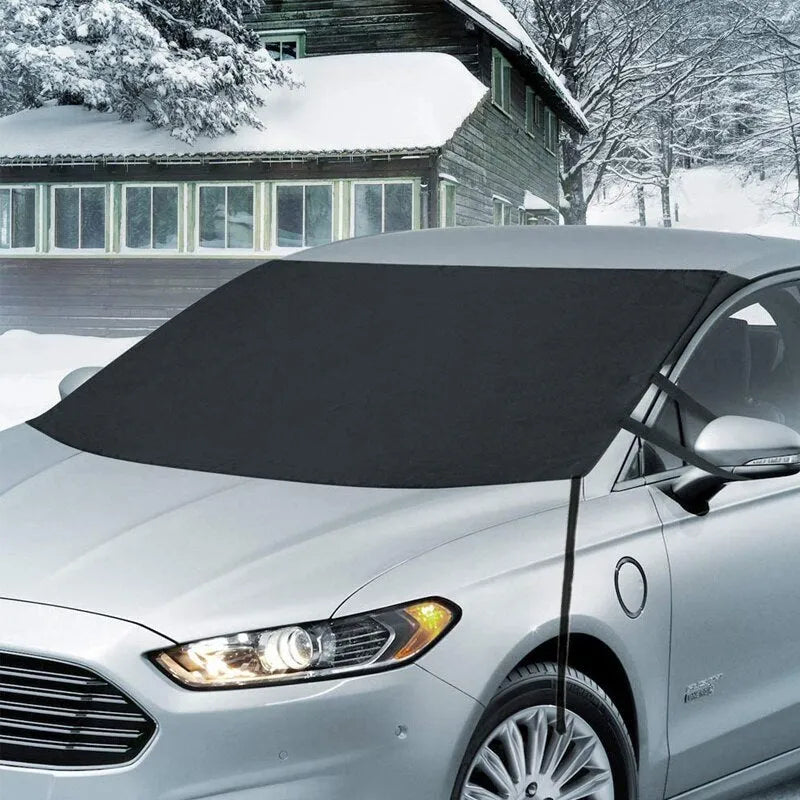 Windshield ice and snow gown in black rubber Oxford cloth placed over a car windscreen for frost and snow protection