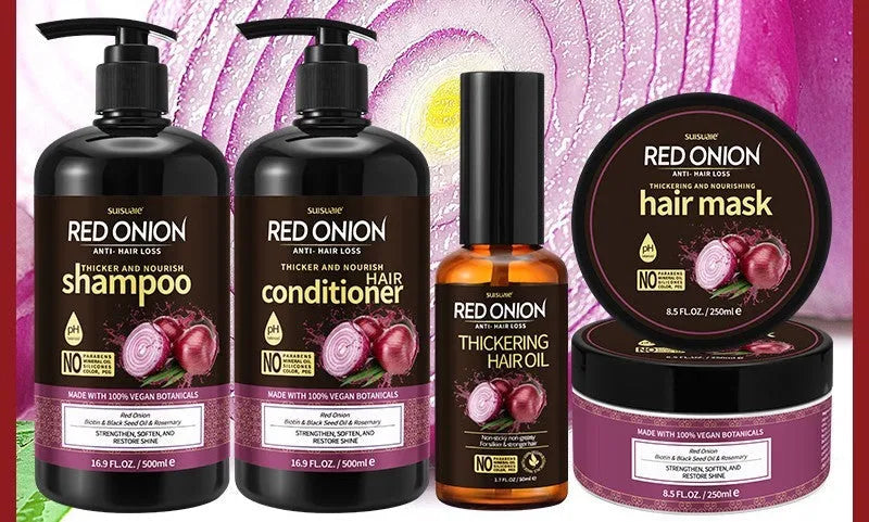 Red onion shampoo conditioner four-piece set showing shampoo, conditioner, hair mask and essential oil bottles
