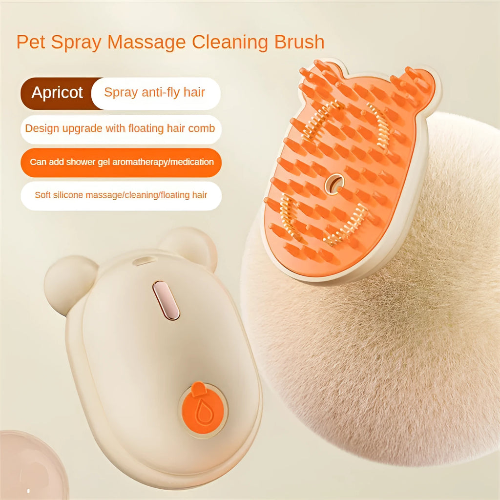 Pink rechargeable pet grooming brush with spray mist function and removable silicone comb head