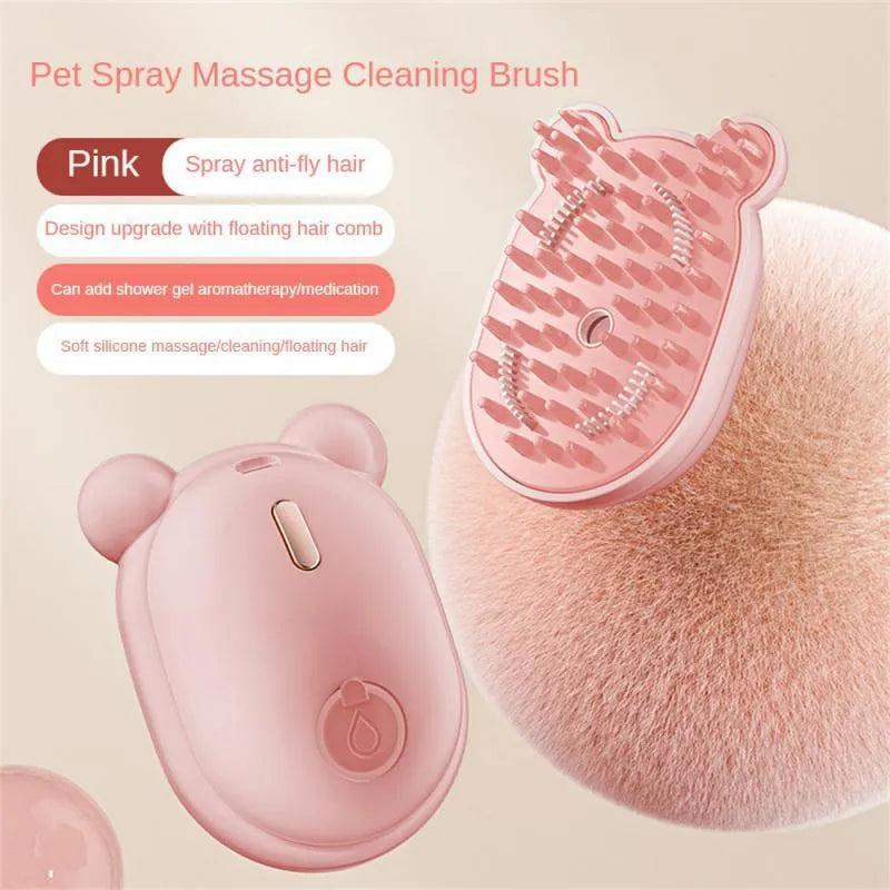 Pink rechargeable pet grooming brush with spray mist function and removable silicone comb head