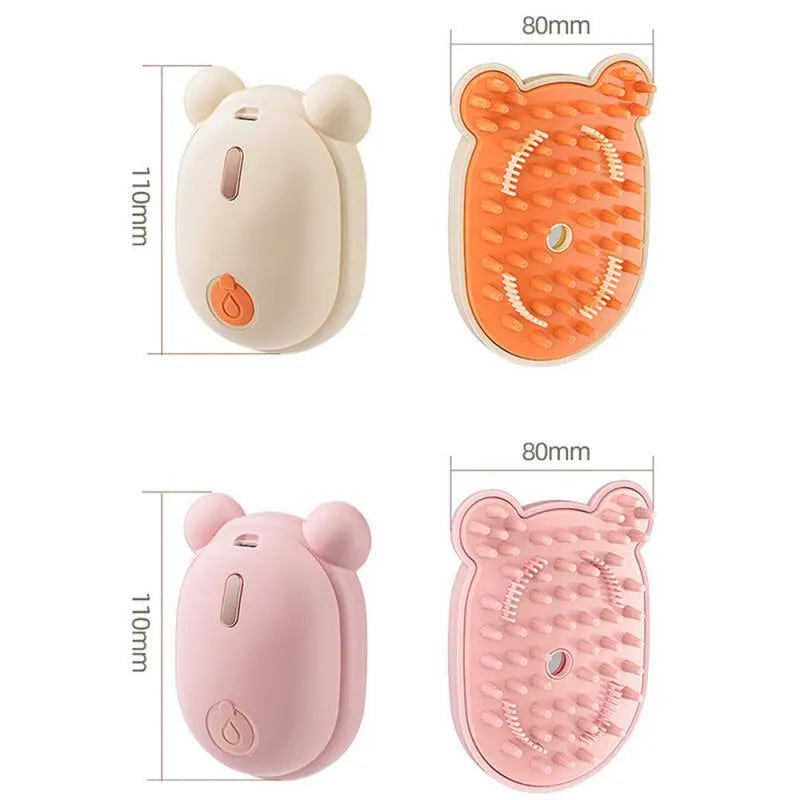 Pink rechargeable pet grooming brush with spray mist function and removable silicone comb head