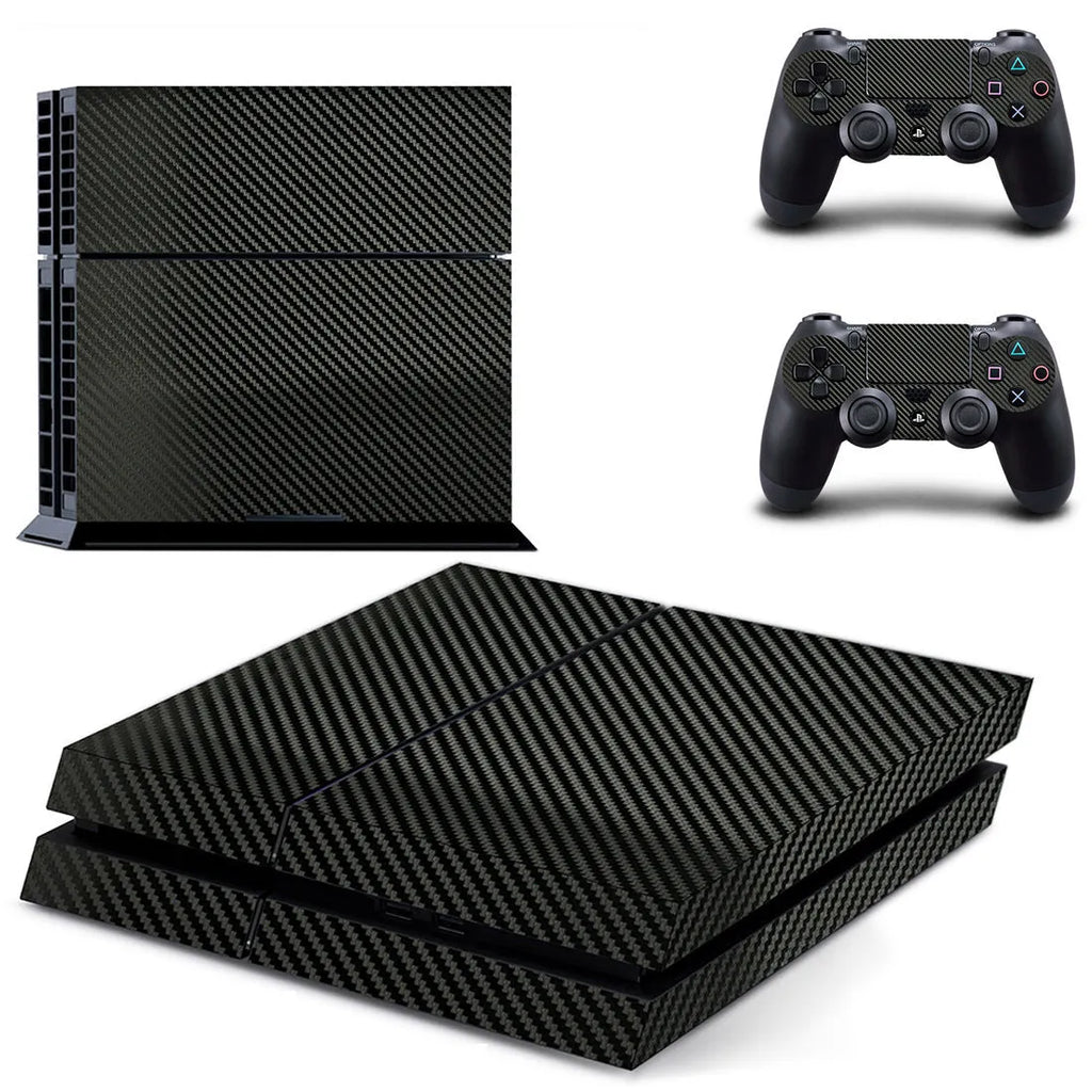 Carbon fibre pattern vinyl skin sticker for Sony PS4 console and controller on a black background.