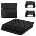 Carbon fibre pattern vinyl skin sticker for Sony PS4 console and controller on a black background.
